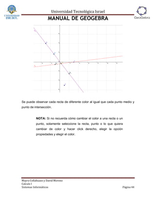 Universidad Tecnológica Israel
                   MANUAL DE GEOGEBRA




Se puede observar cada recta de diferente color al igual que cada punto medio y
punto de intersección.


          NOTA: Si no recuerda cómo cambiar el color a una recta o un
          punto, solamente seleccione la recta, punto o lo que quiera
          cambiar de color y hacer click derecho, elegir la opción
          propiedades y elegir el color.




Mayra Collahuazo y David Moreno
Calculo I
Sistemas Informáticos                                                 Página 44
 
