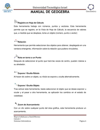 Universidad Tecnológica Israel
                   MANUAL DE GEOGEBRA

     Registra en Hoja de Cálculo
Esta herramienta trabaja con números, puntos y vectores. Esta herramienta
permite que se registre, en la Vista de Hoja de Cálculo, la secuencia de valores
que, a medida que se desplaza, toma un objeto (número, punto o vector)



     Relación
Herramienta que permite seleccionar dos objetos para obtener, desplegada en una
ventana emergente, información sobre la relación que pudiera vincularlos.



     Rota en torno a un Punto
Después de seleccionar el punto que hará las veces de centro, pueden rotarse a
su alrededor.



     Expone / Oculta Rótulo
Al hacer clic sobre un objeto, su rótulo se expone u oculta alternativamente.



     Expone / Oculta Objeto
Tras activar esta herramienta, basta seleccionar el objeto que se desee exponer u
ocular y al pasar a otra herramienta, se aplicarán los cambios en el estado de
visibilidad.



     Zoom de Acercamiento
Con un clic sobre cualquier punto del área gráfica, esta herramienta produce un
acercamiento.

Mayra Collahuazo y David Moreno
Calculo I
Sistemas Informáticos                                                       Página 6
 