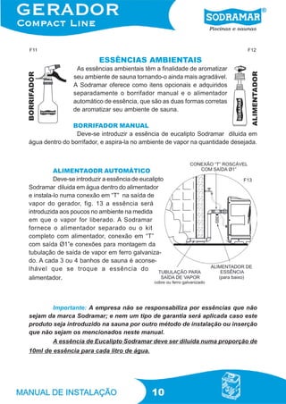 F11                                                                            F12

                           ESSÊNCIAS AMBIENTAIS
                  As essências ambientais têm a finalidade de aromatizar
                 seu ambiente de sauna tornando-o ainda mais agradável.
                 A Sodramar oferece como itens opcionais e adquiridos
                 separadamente o borrifador manual e o alimentador
                 automático de essência, que são as duas formas corretas
                 de aromatizar seu ambiente de sauna.

                BORRIFADOR MANUAL
                 Deve-se introduzir a essência de eucalipto Sodramar diluida em
água dentro do borrifador, e aspira-la no ambiente de vapor na quantidade desejada.



          ALIMENTAODR AUTOMÁTICO
          Deve-se introduzir a essência de eucalipto                          F13
Sodramar diluida em água dentro do alimentador
e instala-lo numa conexão em “T” na saída de
vapor do gerador, fig. 13 a essência será
introduzida aos poucos no ambiente na medida
em que o vapor for liberado. A Sodramar
fornece o alimentador separado ou o kit
completo com alimentador, conexão em “T”
com saída Ø1”e conexões para montagem da
tubulação de saída de vapor em ferro galvaniza-
do. A cada 3 ou 4 banhos de sauna é aconse-
lhável que se troque a essência do
alimentador.



        Importante: A empresa não se responsabiliza por essências que não
sejam da marca Sodramar; e nem um tipo de garantia será aplicada caso este
produto seja introduzido na sauna por outro método de instalação ou inserção
que não sejam os mencionados neste manual.
        A essência de Eucalipto Sodramar deve ser diluida numa proporção de
10ml de essência para cada litro de água.




                                               10
 