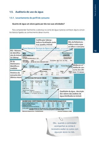 Plano.de.auditoria
1.. Auditoria do uso da água

1..1. Levantamento do perfil de consumo

   Quanto de água um aluno gasta por dia nas suas atividades?


    Para.compreender.facilmente.a.cobrança.na.conta.de.água.é.preciso.conhecer.alguns.concei-
tos.básicos.ligados.ao.conhecimento.desse.insumo.




                                                                                                13.




                                                     Obs.:.quando.o.controlador.
                                                      acompanhar.as.contas.é.
                                                   necessário.avaliar.os.custos.com.
                                                      água.por.aluno.no.mês.
 