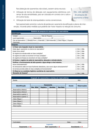 Manual.do.Controlador


                               Para.detecção.de.vazamentos.não-visíveis,.existem.vários.recursos:
                          •    Utilização. de. técnica. de. detecção. com. equipamentos. eletrônicos. com.                        Obs..vide.capítulo.
                               sensor.de.alta.sensibilidade,.para.ser.colocado.em.contato.com.o.solo.e.                             de.pesquisa.de.
                               em.outros.locais;
                                                                                                                                  vazamento.e.filme
                          •    Utilização.de.teste.de.estanqueidade.e.outros.convencionais.

                             Será.apresentado.somente.o.volume.de.perdas.por.vazamento.da.edificação.e.planos.de.inter-
                          venção,.iniciando.pelas.medidas.que.poderão.dar.maior.impacto.na.redução.do.consumo..

                                                        Relatório de pesquisa de vazamentos em reservatórios
                        Identificação:
                         Unidade: _______________________________ Data da Pesquisa:________________
                         Local inspecionado:____________ Reservatório:_____________ Nº _______________
                         Tipo de Reservatório: ( ) Elevado/Torre ( ) Enterrado ( ) Semi-enterrado ( ) Caixa D’água ( ) Superior
                         Capacidade: _________________________
                        Pesquisa:
                         1) Fazer uma inspeção visual no reservatório.
   26.                   Existe algum vazamento no entorno do reservatório?                                                         ( ) Sim ( ) Não
                         Existe trinca visível?                                                                                     ( ) Sim ( ) Não
                         Os registros de entrada estão em boas condições?                                                           ( ) Sim ( ) Não
                         Os registros de saída se encontram em boas condições?                                                      ( ) Sim ( ) Não
                         Os registros de limpeza se encontram em boas condições?                                                    ( ) Sim ( ) Não
                         2) Fechar o registro de saída do reservatório, deixando a entrada aberta.
                         Verificar o funcionamento da bóia quando a água atinge o nível máximo.
                         Houve extravasamento?                                                                                      ( ) Sim ( ) Não
                         Os extravazores estão em locais facilmente detectáveis, caso ocorra algum extravasamento?                  ( ) Sim ( ) Não
                         As torneiras da bóia estão em boas condições de funcionamento?                                             ( ) Sim ( ) Não
                         3) Observar as condições higiênico-sanitárias do reservatório.
                         Necessita de limpeza?                                                                                      ( ) Sim ( ) Não


                                                       Inspeção de vazamentos e avarias em reservatórios
                         Escola:                                                                                                       RGI:


                                                                             Vazamento
                               Identificação                                                                           Avaria          Observações
                                                        Mec. Bóia       Registro       Bombas        Barrilete
                         Reservatório inferior1
                         Reservatório inferior2
                         Reservatório superior 1
                         Reservatório superior 2
                         Caixa d'água 1
                         Caixa d'água 2
                         Caixa d'água 3
                         Observações:




                         Controlador:                                                                                Data:             Visto:
                                                                                 Legenda:
                                     Vazamento = VA                            Sem vazamento = 0                             Inexistente = X
 