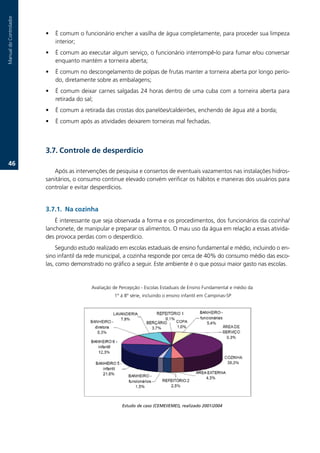 Manual.do.Controlador



                        •   É.comum.o.funcionário.encher.a.vasilha.de.água.completamente,.para.proceder.sua.limpeza.
                            interior;
                        •   É.comum.ao.executar.algum.serviço,.o.funcionário.interrompê-lo.para.fumar.e/ou.conversar.
                            enquanto.mantém.a.torneira.aberta;
                        •   É.comum.no.descongelamento.de.polpas.de.frutas.manter.a.torneira.aberta.por.longo.perío-
                            do,.diretamente.sobre.as.embalagens;
                        •   É.comum.deixar.carnes.salgadas.24.horas.dentro.de.uma.cuba.com.a.torneira.aberta.para.
                            retirada.do.sal;
                        •   É.comum.a.retirada.das.crostas.dos.panelões/caldeirões,.enchendo.de.água.até.a.borda;
                        •   É.comum.após.as.atividades.deixarem.torneiras.mal.fechadas.




                        3.7. Controle de desperdício
   6.
                           Após.as.intervenções.de.pesquisa.e.consertos.de.eventuais.vazamentos.nas.instalações.hidros-
                        sanitários,.o.consumo.continue.elevado.convém.verificar.os.hábitos.e.maneiras.dos.usuários.para.
                        controlar.e.evitar.desperdícios.


                        3.7.1. Na cozinha
                            É.interessante.que.seja.observada.a.forma.e.os.procedimentos,.dos.funcionários.da.cozinha/
                        lanchonete,.de.manipular.e.preparar.os.alimentos..O.mau.uso.da.água.em.relação.a.essas.ativida-
                        des.provoca.perdas.com.o.desperdício.
                             Segundo.estudo.realizado.em.escolas.estaduais.de.ensino.fundamental.e.médio,.incluindo.o.en-
                        sino.infantil.da.rede.municipal,.a.cozinha.responde.por.cerca.de.40%.do.consumo.médio.das.esco-
                        las,.como.demonstrado.no.gráfico.a.seguir..Este.ambiente.é.o.que.possui.maior.gasto.nas.escolas.


                                          Avaliação.de.Percepção.-.Escolas.Estaduais.de.Ensino.Fundamental.e.médio.da
                                                    .1º.á.8º.série,.incluindo.o.ensino.infantil.em.Campinas-SP




                                                        Estudo de caso (CEMEI/EMEI), realizado 2001/2004
 