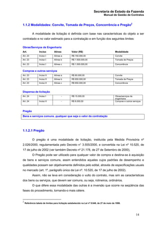 Secretaria de Estado da Fazenda
Manual de Gestão de Contratos
14
1.1.2 Modalidades: Convite, Tomada de Preços, Concorrência e Pregão2
A modalidade de licitação é definida com base nas características do objeto a ser
contratado e no valor estimado para a contratação e em função dos seguintes limites:
Obras/Serviços de Engenharia
Art. Inciso Alínea Valor (R$) Modalidade
Art. 23 Inciso I Alínea a R$ 150.000,00 Convite
Art. 23 Inciso I Alínea b R$ 1.500.000,00 Tomada de Preços
Art. 23 Inciso I Alínea c R$ 1.500.000,00 Concorrência
Compras e outros serviços
Art. 23 Inciso II Alínea a R$ 80.000,00 Convite
Art. 23 Inciso II Alínea b R$ 650.000,00 Tomada de Preços
Art. 23 Inciso II Alínea c R$ 650.000,00 Concorrência
Dispensa de licitação
Art. 24 Inciso I - R$ 15.000,00 Obras/serviços de
engenharia
Art. 24 Inciso II - R$ 8.000,00 Compras e outros serviços
Pregão
Bens e serviços comuns ,qualquer que seja o valor da contratação
1.1.2.1 Pregão
O pregão é uma modalidade de licitação, instituída pela Medida Provisória nº
2.026/2000, regulamentada pelo Decreto n° 3.555/2000, e convertida na Lei nº 10.520, de
17 de julho de 2002 (ver também Decreto nº 21.178, de 27 de Setembro de 2000).
O Pregão pode ser utilizado para qualquer valor de compra e destina-se à aquisição
de bens e serviços comuns, assim entendidos aqueles cujos padrões de desempenho e
qualidades possam ser objetivamente definidos pelo edital, através de especificações usuais
no mercado (art. 1º, parágrafo único da Lei nº. 10.520, de 17 de julho de 2002).
Assim, não se leva em consideração o vulto do contrato, mas sim as características
dos bens ou serviços, que devem ser comuns, ou seja, rotineiros, ordinários.
O que difere essa modalidade das outras é a inversão que ocorre na seqüência das
fases do procedimento, tornando-o mais célere.
2
Referência tabela de limites para licitação estabelecido na Lei nº 9.648, de 27 de maio de 1998.
 