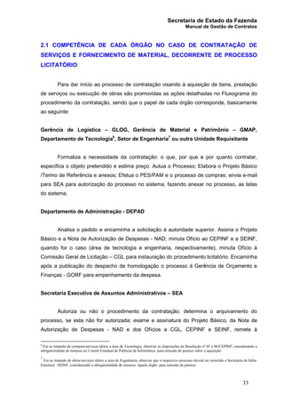 Secretaria de Estado da Fazenda
Manual de Gestão de Contratos
33
2.1 COMPETÊNCIA DE CADA ÓRGÃO NO CASO DE CONTRATAÇÃO DE
SERVIÇOS E FORNECIMENTO DE MATERIAL, DECORRENTE DE PROCESSO
LICITATÓRIO
Para dar início ao processo de contratação visando à aquisição de bens, prestação
de serviços ou execução de obras são promovidas as ações detalhadas no Fluxograma do
procedimento da contratação, sendo que o papel de cada órgão corresponde, basicamente
ao seguinte:
Gerência de Logística – GLOG, Gerência de Material e Patrimônio – GMAP,
Departamento de Tecnologia6
, Setor de Engenharia7
ou outra Unidade Requisitante
Formaliza a necessidade da contratação: o que, por que e por quanto contratar,
especifica o objeto pretendido e estima preço. Autua o Processo; Elabora o Projeto Básico
/Termo de Referência e anexos; Efetua o PES/PAM e o processo de compras; envia e-mail
para SEA para autorização do processo no sistema, fazendo anexar no processo, as telas
do sistema.
Departamento de Administração - DEPAD
Analisa o pedido e encaminha a solicitação à autoridade superior. Assina o Projeto
Básico e a Nota de Autorização de Despesas - NAD; minuta Ofício ao CEPINF e a SEINF,
quando for o caso (área de tecnologia e engenharia, respectivamente), minuta Ofício à
Comissão Geral de Licitação – CGL para instauração do procedimento licitatório. Encaminha
após a publicação do despacho de homologação o processo à Gerência de Orçamento e
Finanças - GORF para empenhamento da despesa.
Secretaria Executiva de Assuntos Administrativos – SEA
Autoriza ou não o procedimento da contratação; determina o arquivamento do
processo, se esta não for autorizada; exame e assinatura do Projeto Básico, da Nota de
Autorização de Despesas - NAD e dos Ofícios a CGL, CEPINF e SEINF, remete à
6
Em se tratando de compras/serviços afetos a área de Tecnologia, observar as disposições da Resolução nº 05 e 06/CEPINF, considerando a
obrigatoriedade de remessa ao Comitê Estadual de Políticas de Informática para emissão de parecer sobre a aquisição.
7
Em se tratando de obras/serviços afetos a área de Engenharia, observar que o respectivo processo deverá ser remetido a Secretaria de Infra-
Estrutura –SEINF, considerando a obrigatoriedade de remessa àquele órgão para emissão de parecer.
 