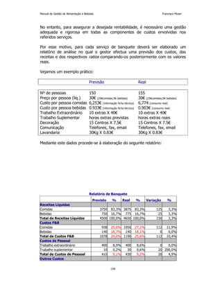 Manual de Gestão de Alimentação e Bebidas Francisco Moser 
No entanto, para assegurar a desejada rentabilidade, é necessário uma gestão 
adequada e rigorosa em todas as componentes de custos envolvidas nos 
referidos serviços. 
Por esse motivo, para cada serviço de banquete deverá ser elaborado um 
relatório de análise no qual o gestor efectua uma previsão dos custos, das 
receitas e dos respectivos ratios comparando-os posteriormente com os valores 
reais. 
108 
Vejamos um exemplo prático: 
Previsão Real 
Nº de pessoas 150 155 
Preço por pessoa (líq.) 30€ (25€comidas;5€ bebidas) 30€ (25€comidas;5€ bebidas) 
Custo por pessoa comidas 6,253€ (informação ficha técnica) 6,774 (consumo real) 
Custo por pessoa bebidas 0.933€ (informação ficha técnica) 0.903€ (consumo real) 
Trabalho Extraordinário 10 extras X 40€ 10 extras X 40€ 
Trabalho Suplementar horas extras previstas horas extras reais 
Decoração 15 Centros X 7.5€ 15 Centros X 7.5€ 
Comunicação Telefones, fax, email Telefones, fax, email 
Lavandaria 30Kg X 0.83€ 30Kg X 0.83€ 
Mediante este dados procede-se à elaboração do seguinte relatório: 
Relatório de Banquete 
Previsto % Real % Variação % 
Receitas Líquidas 
Comidas 3750 83,3% 3875 83,3% 125 3,3% 
Bebidas 750 16,7% 775 16,7% 25 3,3% 
Total de Receitas Líquidas 4500 100,0% 4650 100,0% 150 3,3% 
Custos FB 
Comidas 938 25,0% 1050 27,1% 112 11,9% 
Bebidas 140 18,7% 140 18,1% 0 0,0% 
Total de Custos FB 1078 24,0% 1190 25,6% 112 10,4% 
Custos de Pessoal 
Trabalho extraordinário 400 8,9% 400 8,6% 0 0,0% 
Trabalho suplementar 10 0,2% 30 0,6% 20 200,0% 
Total de Custos de Pessoal 410 9,1% 430 9,2% 20 4,9% 
Outros Custos 
 