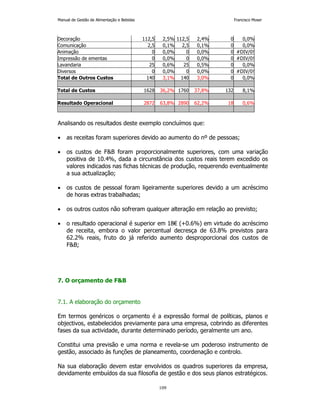 Manual de Gestão de Alimentação e Bebidas Francisco Moser 
Decoração 112,5 2,5% 112,5 2,4% 0 0,0% 
Comunicação 2,5 0,1% 2,5 0,1% 0 0,0% 
Animação 0 0,0% 0 0,0% 0 #DIV/0! 
Impressão de ementas 0 0,0% 0 0,0% 0 #DIV/0! 
Lavandaria 25 0,6% 25 0,5% 0 0,0% 
Diversos 0 0,0% 0 0,0% 0 #DIV/0! 
Total de Outros Custos 140 3,1% 140 3,0% 0 0,0% 
Total de Custos 1628 36,2% 1760 37,8% 132 8,1% 
Resultado Operacional 2872 63,8% 2890 62,2% 18 0,6% 
Analisando os resultados deste exemplo concluímos que: 
• as receitas foram superiores devido ao aumento do nº de pessoas; 
• os custos de FB foram proporcionalmente superiores, com uma variação 
positiva de 10.4%, dada a circunstância dos custos reais terem excedido os 
valores indicados nas fichas técnicas de produção, requerendo eventualmente 
a sua actualização; 
• os custos de pessoal foram ligeiramente superiores devido a um acréscimo 
109 
de horas extras trabalhadas; 
• os outros custos não sofreram qualquer alteração em relação ao previsto; 
• o resultado operacional é superior em 18€ (+0.6%) em virtude do acréscimo 
de receita, embora o valor percentual decresça de 63.8% previstos para 
62.2% reais, fruto do já referido aumento desproporcional dos custos de 
FB; 
7. O orçamento de FB 
7.1. A elaboração do orçamento 
Em termos genéricos o orçamento é a expressão formal de políticas, planos e 
objectivos, estabelecidos previamente para uma empresa, cobrindo as diferentes 
fases da sua actividade, durante determinado período, geralmente um ano. 
Constitui uma previsão e uma norma e revela-se um poderoso instrumento de 
gestão, associado às funções de planeamento, coordenação e controlo. 
Na sua elaboração devem estar envolvidos os quadros superiores da empresa, 
devidamente embuídos da sua filosofia de gestão e dos seus planos estratégicos. 
 