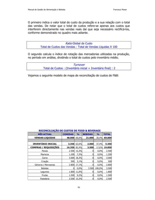 Manual de Gestão de Alimentação e Bebidas Francisco Moser 
O primeiro indica o valor total do custo da produção e a sua relação com o total 
das vendas. De notar que o total de custos refere-se apenas aos custos que 
interferem directamente nas vendas reais daí que seja necessário rectificá-los, 
conforme demonstrado no quadro mais adiante. 
Ratio Global de Custo 
Total de Custos das Vendas : Total de Vendas Líquidas X 100 
O segundo calcula o índice de rotação das mercadorias utilizadas na produção, 
no período em análise, dividindo o total de custos pelo inventário médio. 
Turnover 
Total de Custos : (Inventário inicial + Inventário final) : 2 
Vejamos o seguinte modelo de mapa de reconciliação de custos de FB: 
RECONCILIAÇÃO DE CUSTOS DE FOOD  BEVERAGE 
MÊS ACTUAL COMIDAS % BEBIDAS % TOTAL 
VENDAS LIQUIDAS 48.000 69,6% 21.000 30,4% 69.000 
INVENTÁRIO INICIAL 3.350 62,6% 2.000 37,4% 5.350 
COMPRAS / REQUISIÇÕES 16.350 82,4% 3.500 17,6% 19.850 
Peixes 2.500 15,3% 0 0,0% 2.500 
Mariscos 1.200 7,3% 0 0,0% 1.200 
Carne 3.000 18,3% 0 0,0% 3.000 
Criação 500 3,1% 0 0,0% 500 
Géneros / Mercearias 2.800 17,1% 0 0,0% 2.800 
Bebidas 0 0,0% 3.500 100,0% 3.500 
Legumes 1.800 11,0% 0 0,0% 1.800 
Frutas 1.500 9,2% 0 0,0% 1.500 
Pastelaria 2.500 15,3% 0 0,0% 2.500 
96 
 