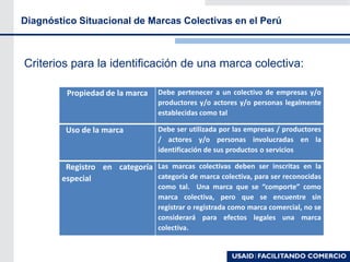 Diagnóstico Situacional de Marcas Colectivas en el Perú
Criterios para la identificación de una marca colectiva:
Propiedad de la marca Debe pertenecer a un colectivo de empresas y/o
productores y/o actores y/o personas legalmente
establecidas como tal
Uso de la marca Debe ser utilizada por las empresas / productores
/ actores y/o personas involucradas en la
identificación de sus productos o servicios
Registro en categoría
especial
Las marcas colectivas deben ser inscritas en la
categoría de marca colectiva, para ser reconocidas
como tal. Una marca que se “comporte” como
marca colectiva, pero que se encuentre sin
registrar o registrada como marca comercial, no se
considerará para efectos legales una marca
colectiva.
 