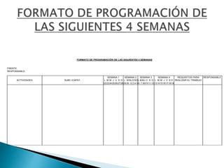 FORMATO DE PROGRAMACIÓN DE LAS SIGUIENTES 4 SEMANAS
FRENTE:
RESPONSABLE:
SEMANA 1 SEMANA 2 SEMANA 3 SEMANA 4 REQUISITOS PARA RESPONSABLE
ACTIVIDADES SUBC./CAPAT. L M M J V S D L M MJVSDL MMJ V S D L M M J V S D REALIZAR EL TRABAJO
2223242526272829 30 12 3 4 5 6 7 8910111213141516171819
 