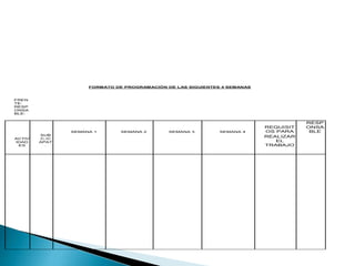 FORMATO DE PROGRAMACIÓN DE LAS SIGUIENTES 4 SEMANAS
FREN
TE:
RESP
ONSA
BLE:
SEMANA 1 SEMANA 2 SEMANA 3 SEMANA 4
REQUISIT
OS PARA
RESP
ONSA
BLE
ACTIV
IDAD
ES
SUB
C./C
APAT
. L M M J V S D L M M J V S D L M M J V S D L M M J V S D
REALIZAR
EL
TRABAJO
2
2
2
3
2
4
2
5
2
6
2
7
2
8
2
9
3
0 1 2 3 4 5 6 7 8 9
1
0
1
1
1
2
1
3
1
4
1
5
1
6
1
7
1
8
1
9
 
