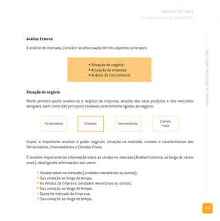 149
MANUALDEGESTÃODEMARKETING
Análise Externa
A análise do mercado, consiste na observação de três aspectos principais:
Situação do negócio
Neste primeiro ponto analisa-se o negócio da empresa, através dos seus produtos e dos mercados
atingidos, bem como das principais variáveis directamente ligadas ao negócio:
Assim, é importante analisar o poder negocial, situação no mercado, número e características dos
Fornecedores, Intermediários e Clientes Finais.
É também importante ter informação sobre as vendas no mercado (Análise histórica, ao longo de vários
anos), abrangendo informações tais como:
• Vendas totais no mercado (unidades monetárias ou outras);
• Sua variação ao longo do tempo;
• As Vendas da Empresa (unidades monetárias ou outras);
• Sua variação ao longo do tempo;
• Quota de mercado da Empresa;
• Sua variação ao longo do tempo.
UNIDADE LECTIVA D
O PLANEAMENTO DE MARKETING
• Situação do negócio
• Actuação da empresa
• Análise da concorrência
Fornecedores Empresa Intermediários
Clientes
Finais
 