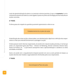 158
ManualdeFormação
custo da operacionalização do plano e os eventuais retornos previstos, já que um orçamento é um le-
vantamento exaustivo de todos os custos ligados à posta em prática da estratégia prevista traduzida em
acções concretas.
6.º PASSO:
O último passo diz respeito às questões puramente operacionais e refere-se ao
A identificação das várias acções a desencadear, sua calendarização, objectivos e definição dos respon-
sáveis é a fase que antecede directamente a passagem à acção.
Embora possam existir diversos responsáveis, de acordo com o tipo de acções previstas, é normal que
exista um responsável geral pelo Plano – Director de Marketing, Director Comercial, Director Geral,
Gestor de Produto, etc. – o qual deverá acompanhar toda a operacionalização e coordenar as várias
actividades envolvidas.
Assim, de acordo com o enquadramento temporal previsto (um ano ou outro período de tempo), as
acções deverão estar listadas e organizadamente distribuídas pelos seus responsáveis.
7.º PASSO:
Estabelecimento de um plano de acção.
Concretização do Plano de acção.
 