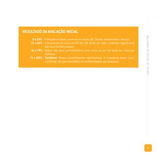 23
MANUALDEGESTÃODEMARKETING
RESULTADO DA AVALIAÇÃO INICIAL
0 a 20% – A frequência deste curso vai ser muito útil. Estude atentamente o Manual.
21 a 40% – A frequência do curso vai-lhe ser útil, tendo em vista a melhoria significativa
dos seus conhecimentos.
41 a 70% – Apesar dos seus conhecimentos, este curso vai ser útil tendo em vista sua
melhoria.
71 a 100% – Parabéns! Possui conhecimentos significativos. A frequência deste curso
vai-lhe ser útil para consolidar os conhecimentos que já possui.
 