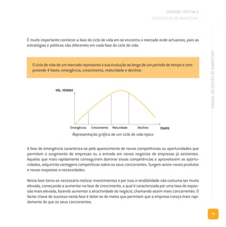 33
MANUALDEGESTÃODEMARKETING
É muito importante conhecer a fase do ciclo de vida em se encontra o mercado onde actuamos, pois as
estratégias e políticas são diferentes em cada fase do ciclo de vida.
UNIDADE LECTIVA A
ESTRATÉGIAS DE MARKETING
A fase de emergência caracteriza-se pelo aparecimento de novas competências ou oportunidades que
permitem o surgimento de empresas ou a entrada em novos negócios de empresas já existentes.
Aquelas que mais rapidamente conseguirem dominar essas competências e aproveitarem as oportu-
nidades, adquirirão vantagens competitivas sobre os seus concorrentes. Surgem assim novos produtos
e novas respostas a necessidades.
Nesta fase torna-se necessário realizar investimentos e por isso a rendibilidade não costuma ser muito
elevada, começando a aumentar na fase de crescimento, a qual é caracterizada por uma taxa de expan-
são mais elevada, fazendo aumentar a atractividade do negócio, chamando assim mais concorrentes. O
factor chave de sucesso nesta fase é dotar-se de meios que permitam que a empresa cresça mais rapi-
damente do que os seus concorrentes.
Representação gráfica de um ciclo de vida típico
O ciclo de vida de um mercado representa a sua evolução ao longo de um período de tempo e com-
preende 4 fases: emergência, crescimento, maturidade e declínio.
 