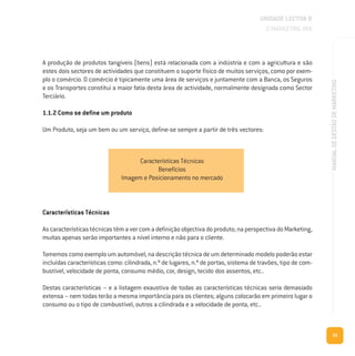 55
MANUALDEGESTÃODEMARKETING
A produção de produtos tangíveis (bens) está relacionada com a indústria e com a agricultura e são
estes dois sectores de actividades que constituem o suporte físico de muitos serviços, como por exem-
plo o comércio. O comércio é tipicamente uma área de serviços e juntamente com a Banca, os Seguros
e os Transportes constitui a maior fatia desta área de actividade, normalmente designada como Sector
Terciário.
1.1.2 Como se define um produto
Um Produto, seja um bem ou um serviço, define-se sempre a partir de três vectores:
UNIDADE LECTIVA B
O MARKETING MIX
Características Técnicas
As características técnicas têm a ver com a definição objectiva do produto; na perspectiva do Marketing,
muitas apenas serão importantes a nível interno e não para o cliente.
Tomemos como exemplo um automóvel; na descrição técnica de um determinado modelo poderão estar
incluídas características como: cilindrada, n.º de lugares, n.º de portas, sistema de travões, tipo de com-
bustível, velocidade de ponta, consumo médio, cor, design, tecido dos assentos, etc..
Destas características – e a listagem exaustiva de todas as características técnicas seria demasiado
extensa – nem todas terão a mesma importância para os clientes; alguns colocarão em primeiro lugar o
consumo ou o tipo de combustível, outros a cilindrada e a velocidade de ponta, etc..
Características Técnicas
Benefícios
Imagem e Posicionamento no mercado
 