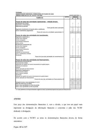 Página 65 de 117
ANEXO
Esta peça das demonstrações financeiras é, sem a dúvida, a que tem um papel mais
importante na divulgação da informação financeira e concretiza o pilar das NCRF
dedicado à divulgação.
De acordo com a NCRF1 as notas às demonstrações financeiras devem, de forma
sistemática:
 
