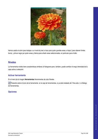  




 

Hemos usado el zoom para trabajar a un nivel de píxel, el lazo para quitar grandes areas, el lapiz ( para obtener límites 
duros) , pintura negra par quitar areas y blanca para añadir areas seleccionadas, en particular para el tallo. 




Niveles 
La herramienta niveles tiene caracteristicas similares al histograma pero, tambien, puede cambiar el rango intensidad de la 
capa activa o selección. 


Activar herramienta 
En el menú de la imagen Herramientas Herramientas de color Niveles 

     Pulsando sobre el icono de la herramienta  en la caja de herramientas, si ya está instalado allí. Para esto, ir a Diálogo 
de herramientas. 


Opciones 
 
                                                                                                                                         
                                                                                                                                        G e n e r a t e d   b y   d o c b o o k 2 o d f




GNU Image Manipulation Program                                                                                       Page 245 of 688 
Generated by docbook2odf
 