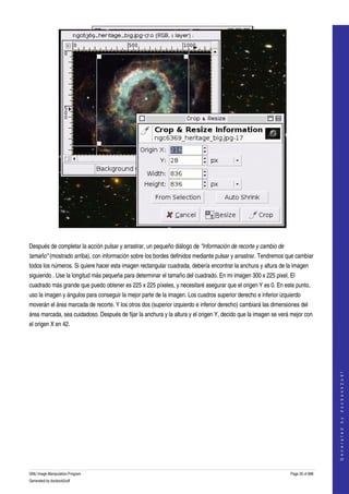  




 

Después de completar la acción pulsar y arrastrar, un pequeño diálogo de "Información de recorte y cambio de  
tamaño" (mostrado arriba), con información sobre los bordes definidos mediante pulsar y arrastrar. Tendremos que cambiar 
todos los números. Si quiere hacer esta imagen rectangular cuadrada, debería encontrar la anchura y altura de la imagen 
siguiendo . Use la longitud más pequeña para determinar el tamaño del cuadrado. En mi imagen 300 x 225 pixel, El 
cuadrado más grande que puedo obtener es 225 x 225 píxeles, y necesitaré asegurar que el origen Y es 0. En este punto, 
uso la imagen y ángulos para conseguir la mejor parte de la imagen. Los cuadros superior derecho e inferior izquierdo 
moverán el área marcada de recorte. Y los otros dos (superior izquierdo e inferior derecho) cambiará las dimensiones del 
área marcada, sea cuidadoso. Después de fijar la anchura y la altura y el origen Y, decido que la imagen se verá mejor con 
el origen X en 42. 

                                                                                                                                    
                                                                                                                                   G e n e r a t e d   b y   d o c b o o k 2 o d f




GNU Image Manipulation Program                                                                                   Page 35 of 688 
Generated by docbook2odf
 