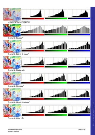  




La capa original y sus histogramas   




El comando "Ecualizar"   




El comando "Balance de blanco"   




El comando "Realzar color"   




El comando "Normalizar"   



                                                            




El comando "Reducir el contraste"   
                                                           G e n e r a t e d   b y   d o c b o o k 2 o d f




El comando "Estirar HSV"   




GNU Image Manipulation Program          Page 413 of 688 
Generated by docbook2odf
 