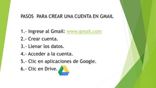 PASOS PARA CREAR UNA CUENTA EN GMAIL
1.- Ingrese al Gmail: www.gmail.com
2.- Crear cuenta.
3.- Llenar los datos.
4.- Acceder a la cuenta.
5.- Clic en aplicaciones de Google.
6.- Clic en Drive.
 