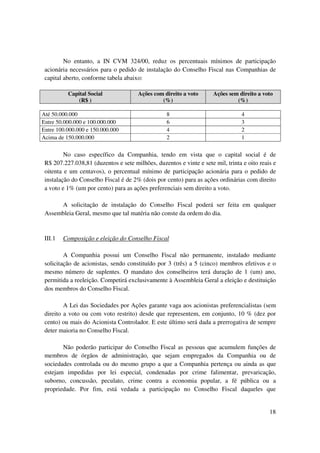 No entanto, a IN CVM 324/00, reduz os percentuais mínimos de participação
 acionária necessários para o pedido de instalação do Conselho Fiscal nas Companhias de
 capital aberto, conforme tabela abaixo:

          Capital Social              Ações com direito a voto       Ações sem direito a voto
             (R$ )                             (%)                            (%)

Até 50.000.000                                    8                              4
Entre 50.000.000 e 100.000.000                    6                              3
Entre 100.000.000 e 150.000.000                   4                              2
Acima de 150.000.000                              2                              1

         No caso específico da Companhia, tendo em vista que o capital social é de
 R$ 207.227.038,81 (duzentos e sete milhões, duzentos e vinte e sete mil, trinta e oito reais e
 oitenta e um centavos), o percentual mínimo de participação acionária para o pedido de
 instalação do Conselho Fiscal é de 2% (dois por cento) para as ações ordinárias com direito
 a voto e 1% (um por cento) para as ações preferenciais sem direito a voto.

      A solicitação de instalação do Conselho Fiscal poderá ser feita em qualquer
 Assembleia Geral, mesmo que tal matéria não conste da ordem do dia.


 III.1   Composição e eleição do Conselho Fiscal

         A Companhia possui um Conselho Fiscal não permanente, instalado mediante
 solicitação de acionistas, sendo constituído por 3 (três) a 5 (cinco) membros efetivos e o
 mesmo número de suplentes. O mandato dos conselheiros terá duração de 1 (um) ano,
 permitida a reeleição. Competirá exclusivamente à Assembleia Geral a eleição e destituição
 dos membros do Conselho Fiscal.

         A Lei das Sociedades por Ações garante vaga aos acionistas preferencialistas (sem
 direito a voto ou com voto restrito) desde que representem, em conjunto, 10 % (dez por
 cento) ou mais do Acionista Controlador. E este último será dada a prerrogativa de sempre
 deter maioria no Conselho Fiscal.

        Não poderão participar do Conselho Fiscal as pessoas que acumulem funções de
 membros de órgãos de administração, que sejam empregados da Companhia ou de
 sociedades controlada ou do mesmo grupo a que a Companhia pertença ou ainda as que
 estejam impedidas por lei especial, condenadas por crime falimentar, prevaricação,
 suborno, concussão, peculato, crime contra a economia popular, a fé pública ou a
 propriedade. Por fim, está vedada a participação no Conselho Fiscal daqueles que


                                                                                            18
 