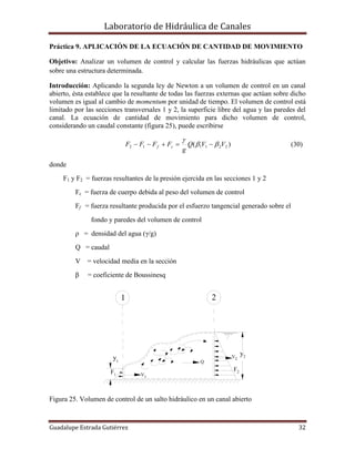 Laboratorio de Hidráulica de Canales
Guadalupe Estrada Gutiérrez 32
y2
y1
21
F2F1 V1
V2
Q
Práctica 9. APLICACIÓN DE LA ECUACIÓN DE CANTIDAD DE MOVIMIENTO
Objetivo: Analizar un volumen de control y calcular las fuerzas hidráulicas que actúan
sobre una estructura determinada.
Introducción: Aplicando la segunda ley de Newton a un volumen de control en un canal
abierto, ésta establece que la resultante de todas las fuerzas externas que actúan sobre dicho
volumen es igual al cambio de momentum por unidad de tiempo. El volumen de control está
limitado por las secciones transversales 1 y 2, la superficie libre del agua y las paredes del
canal. La ecuación de cantidad de movimiento para dicho volumen de control,
considerando un caudal constante (figura 25), puede escribirse
)( 221112 VVQ
g
FFFF cf 

 (30)
donde
F1 y F2 = fuerzas resultantes de la presión ejercida en las secciones 1 y 2
Fc = fuerza de cuerpo debida al peso del volumen de control
Ff = fuerza resultante producida por el esfuerzo tangencial generado sobre el
fondo y paredes del volumen de control
ρ = densidad del agua (γ/g)
Q = caudal
V = velocidad media en la sección
β = coeficiente de Boussinesq
Figura 25. Volumen de control de un salto hidráulico en un canal abierto
 