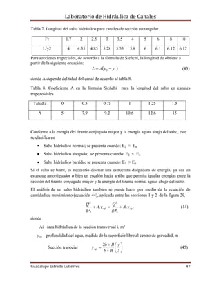 Laboratorio de Hidráulica de Canales
Guadalupe Estrada Gutiérrez 47
Tabla 7. Longitud del salto hidráulico para canales de sección rectangular.
Fr 1.7 2 2.5 3 3.5 4 5 6 8 10
L/y2 4 4.35 4.85 5.28 5.55 5.8 6 6.1 6.12 6.12
Para secciones trapeciales, de acuerdo a la fórmula de Sieñchi, la longitud de obtiene a
partir de la siguiente ecuación:
 12 yyAL  (43)
donde A depende del talud del canal de acuerdo al tabla 8.
Tabla 8. Coeficiente A en la fórmula Sieñchi para la longitud del salto en canales
trapezoidales.
Talud z 0 0.5 0.75 1 1.25 1.5
A 5 7.9 9.2 10.6 12.6 15
Conforme a la energía del tirante conjugado mayor y la energía aguas abajo del salto, este
se clasifica en
 Salto hidráulico normal; se presenta cuando: E2 ≈ En
 Salto hidráulico ahogado; se presenta cuando: E2 < En
 Salto hidráulico barrido; se presenta cuando: E2 > En
Si el salto se barre, es necesario diseñar una estructura disipadora de energía, ya sea un
estanque amortiguador o bien un escalón hacia arriba que permita igualar energías entre la
sección del tirante conjugado mayor y la energía del tirante normal aguas abajo del salto.
El análisis de un salto hidráulico también se puede hacer por medio de la ecuación de
cantidad de movimiento (ecuación 44), aplicada entre las secciones 1 y 2 de la figura 29.
22
2
2
11
1
2
cgcg yA
gA
Q
yA
gA
Q
 (44)
donde
Ai área hidráulica de la sección transversal i, m²
ycg profundidad del agua, medida de la superficie libre al centro de gravedad, m
Sección trapecial 








3
2 y
Bb
Bb
ycgi (45)
 
