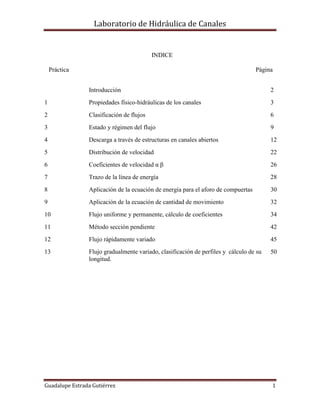 Laboratorio de Hidráulica de Canales
Guadalupe Estrada Gutiérrez 1
INDICE
Práctica Página
Introducción 2
1 Propiedades físico-hidráulicas de los canales 3
2 Clasificación de flujos 6
3 Estado y régimen del flujo 9
4 Descarga a través de estructuras en canales abiertos 12
5 Distribución de velocidad 22
6 Coeficientes de velocidad α β 26
7 Trazo de la línea de energía 28
8 Aplicación de la ecuación de energía para el aforo de compuertas 30
9 Aplicación de la ecuación de cantidad de movimiento 32
10 Flujo uniforme y permanente, cálculo de coeficientes 34
11 Método sección pendiente 42
12 Flujo rápidamente variado 45
13 Flujo gradualmente variado, clasificación de perfiles y cálculo de su
longitud.
50
 