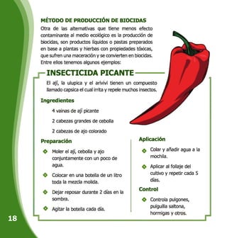 MÉTODO DE PRODUCCIÓN DE BIOCIDAS
Otra de las alternativas que tiene menos efecto
contaminante al medio ecológico es la producción de
biocidas, son productos líquidos o pastas preparados
en base a plantas y hierbas con propiedades tóxicas,
que sufren una maceración y se convierten en biocidas.
Entre ellos tenemos algunos ejemplos:
_E INSECTICIDA PICANTE
El ají, la ulupica y el arivivi tienen un compuesto
llamado capsica el cual irrita y repele muchos insectos.
Ingredientes
4 vainas de ají picante
2 cabezas grandes de cebolla
2 cabezas de ajo colorado
Preparación
Moler el ají, cebolla y ajo
conjuntamente con un poco de
agua.
Colocar en una botella de un litro
toda la mezcla molida.
Dejar reposar durante 2 días en la
sombra.
Agitar la botella cada día.
Aplicación
Colar y añadir agua a la
mochila.
Aplicar al follaje del
cultivo y repetir cada 5
días.
Control
Controla pulgones,
pulguilla saltona,
hormigas y otros.
 