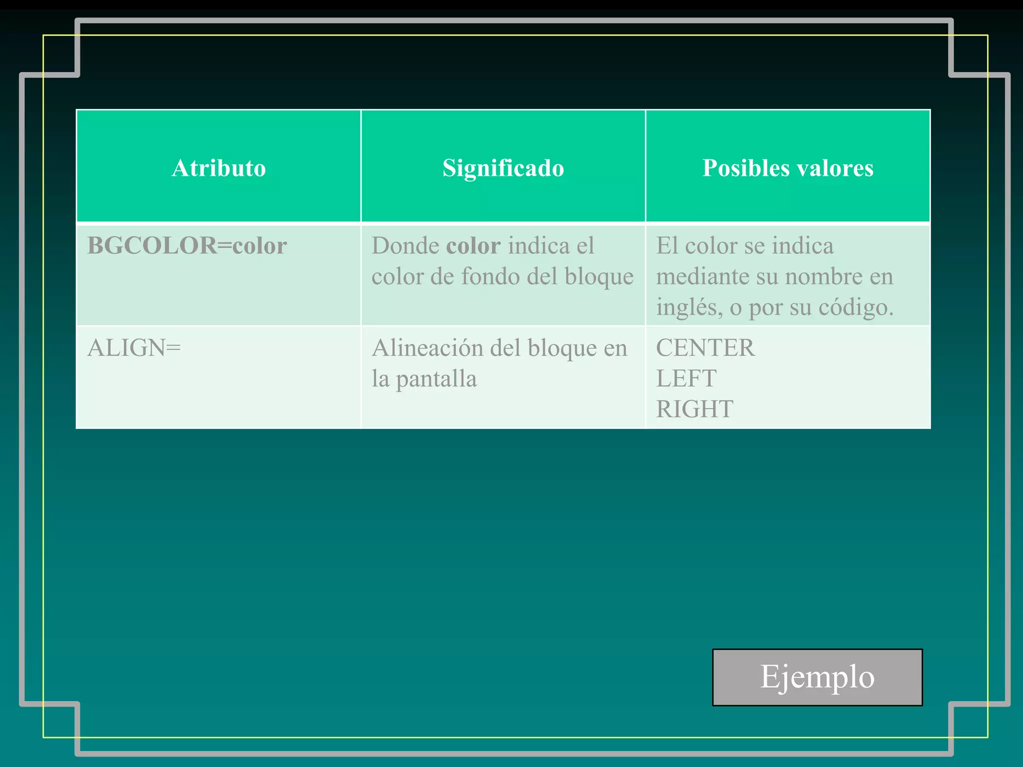 Atributo         Significado              Posibles valores


BGCOLOR=color   Donde color indica el     El color se indica
                color de fondo del bloque mediante su nombre en
                                          inglés, o por su código.
ALIGN=          Alineación del bloque en   CENTER
                la pantalla                LEFT
                                           RIGHT




                                                     Ejemplo
 