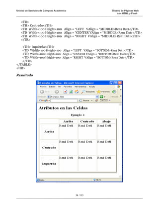 Unidad de Servicios de Cómputo Académico                    Diseño de Páginas Web
                                                                con HTML y Flash


   <TR>
   <TH> Centrado</TH>
   <TD Width=100 Height=100 Align = “LEFT VAlign = “MIDDLE>Ren1 Dat1</TD>
   <TD Width=100 Height=100 Align = “CENTER VAlign = “MIDDLE>Ren1 Dat1</TD>
   <TD Width=100 Height=100 Align = “RIGHT VAlign = “MIDDLE>Ren1 Dat1</TD>
   </TR>

   <TH> Izquierda</TH>
   <TD Width=100 Height=100 Align = “LEFT VAlign = “BOTTOM>Ren1 Dat1</TD>
   <TD Width=100 Height=100 Align = “CENTER VAlign = “BOTTOM>Ren1 Dat1</TD>
   <TD Width=100 Height=100 Align = “RIGHT VAlign = “BOTTOM>Ren1 Dat1</TD>
   </TR>
</TABLE>
<HR>

Resultado




                                           34 /113
 