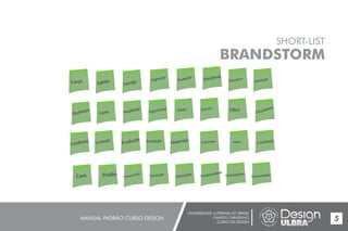 UNIVERSIDADE LUTERANA DO BRASIL
CAMPUS CARAZINHO
CURSO DE DESIGN
MANUAL PADRÃO CURSO DESIGN 5
SHORT-LIST
BRANDSTORM
Força Sólido
Entrega Segurança
Proteção Eficiência
Estrutura
Satisfação
Qualidade
Luxo Atualidade
Experiência União Clássico
Obra Orçamento
Conforto Evolução
Produção Perfeição Materiais Concreto Novo Confiança
Casa Prédio Preocupação
Formação Valorização Produtividade
Desempenho
Oportunidade
 
