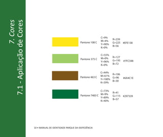 7.1 - Aplicação de Cores
                 7. Cores


                                                                                 C=9%
                                                                                         R=239
                                                                                 M=4%
                                                                 Pantone 108 C           G=225 #EFE138
                                                                                 Y=90%
                                                                                         B=56
                                                                                 K=0%

                                                                                 C=55%
                                                                                 M=0%    R=127
                                                                 Pantone 375 C           G=195
                                                                                 Y=96%           #7FC348
                                                                                 K=0%    B=72


                                                                                 C=44%
                                                                                        R=106
                                                                 Pantone 463 C   M=61%
                                                                                        G=96     #6A4C1E
                                                                                 Y=100%
                                                                                        B=30
                                                                                 K=39%


                                                                                C=73%
                                                                                         R=41
                                                                 Pantone 7483 C M=9%     G=115 #297339
                                                                                Y=89%
                                                                                         B=57
                                                                                K=40%




                            10 • MANUAL DE IDENTIDADE PARQUE DA IDEPEDÊNCIA
 