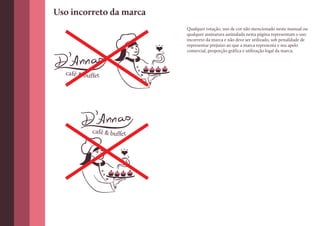 Uso incorreto da marca
                            Qualquer rotação, uso de cor não mencionado neste manual ou
                            qualquer assinatura assinalada nesta página representam o uso
                            incorreto da marca e não deve ser utilizado, sob penalidade de
                            representar prejuízo ao que a marca representa e seu apelo
                            comercial, proporção gráfica e utilização legal da marca.




  café & buffet




            café & buffet
 