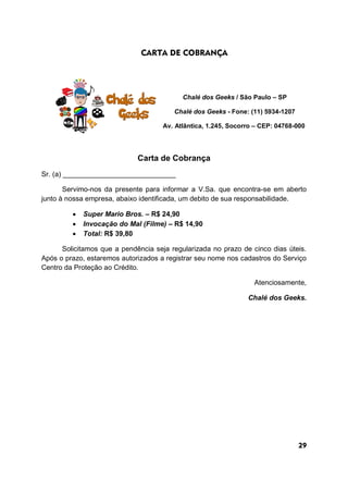 CARTA DE COBRANÇA
Chalé dos Geeks / São Paulo – SP
Chalé dos Geeks - Fone: (11) 5934-1207
Av. Atlântica, 1.245, Socorro – CEP: 04768-000
Carta de Cobrança
Sr. (a) _____________________________
Servimo-nos da presente para informar a V.Sa. que encontra-se em aberto
junto à nossa empresa, abaixo identificada, um debito de sua responsabilidade.
 Super Mario Bros. – R$ 24,90
 Invocação do Mal (Filme) – R$ 14,90
 Total: R$ 39,80
Solicitamos que a pendência seja regularizada no prazo de cinco dias úteis.
Após o prazo, estaremos autorizados a registrar seu nome nos cadastros do Serviço
Centro da Proteção ao Crédito.
Atenciosamente,
Chalé dos Geeks.
29
 