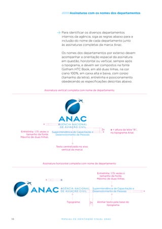 /////////Assinaturas

com os nomes dos departamentos

Para identificar os diversos departamentos
internos da agência, siga as regras abaixo para a
inclusão do nome de cada departamento junto
às assinaturas completas da marca Anac.
Os nomes dos departamentos por extenso devem
acompanhar a orientação espacial da assinatura
em questão, horizontal ou vertical, sempre após
o tipograma, e devem ser compostos na fonte
Gotham HTC Book, em até duas linhas, na cor
ciano 100%, em caixa alta e baixa, com corpo
(tamanho da letra), entrelinha e posicionamento
obedecendo as especificações descritas abaixo.
Assinatura vertical completa com nome de departamento

x
Entrelinha: 1,15 vezes o
tamanho da fonte.
Máximo de duas linhas.

Superintendência de Capacitação e
Desenvolvimento de Pessoas

2x
x

x = altura da letra "A",
no tipograma Anac

Texto centralizado no eixo
vertical da marca

Assinatura horizontal completa com nome de departamento

Entrelinha: 1,15 vezes o
tamanho da fonte.
Máximo de duas linhas.

x

Superintendência de Capacitação e
Desenvolvimento de Pessoas

Tipograma

10

2x

Alinhar texto pela base do
tipograma

M an u al de I den t idade V is u al A nac

x

 