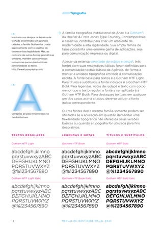 /////////Tipografia

[5]

Inspirada nos designs de letreiros de
fachada encontrados em grandes
cidades, a família Gotham foi criada
especialmente com o objetivo de
favorecer boa legibilidade. Mas, ao
contrário de outras fontes geométricas

A família tipográfica institucional da Anac é a Gotham 5,
da Hoefler & Frere-Jones Type Foundry. Contemporânea
e assertiva, contribui para criar um ambiente de
modernidade e alta legibilidade. Sua ampla família de
tipos possibilita uma enorme gama de aplicações, seja
para comunicação impressa ou digital.

similares, mantém características
humanistas que emprestam mais
personalidade ao texto.
http://www.typography.com/

[6]

Variações de peso encontradas na
família Gotham

Apesar da extensa variedade de estilos e pesos6, três
fontes com suas respectivas itálicas foram definidas para
a comunicação textual básica da Agência, de forma a
manter a unidade tipográfica em toda a comunicação
escrita. A fonte base para textos é a Gotham HTF Light.
Para títulos e subtítulos, a fonte indicada é a Gotham HTF
Bold. Para legendas, notas de rodapé e texto com corpo
menor que o texto regular, a fonte a ser aplicada é a
Gotham HTF Book. Para destaques textuais em qualquer
um dos casos acima citados, deve-se utilizar a fonte
itálica correspondente.
Outras fontes desta mesma família somente podem ser
utilizadas se a aplicação em questão demandar uma
flexibilidade tipográfica não oferecida pelas versões
básicas ou quando a tipografia for utilizada para fins
decorativos.

T E X T O S regulares

legendas e notas

t í tulos e subt í tulos

Gotham HTF Light

Gotham HTF Book

Gotham HTF Bold

abcdefghijklmno
pqrstuvwxyzABC
DEFGHIJKLMNO
PQRSTUVWXYZ
@%1234567890

abcdefghijklmno
pqrstuvwxyzABC
DEFGHIJKLMNO
PQRSTUVWXYZ
@%1234567890

abcdefghijklmno
pqrstuvwxyzABC
DEFGHIJKLMNO
PQRSTUVWXYZ
@%1234567890

Gotham HTF Light Italic

Gotham HTF Book Italic

Gotham HTF Bold Italic

abcdefghijklmno
pqrstuvwxyzABC
DEFGHIJKLMNO
PQRSTUVWXYZ
@%1234567890

abcdefghijklmno
pqrstuvwxyzABC
DEFGHIJKLMNO
PQRSTUVWXYZ
@%1234567890

abcdefghijklmno
pqrstuvwxyzABC
DEFGHIJKLMNO
PQRSTUVWXYZ
@%1234567890

14

M an u al de I den t idade V is u al A nac

 