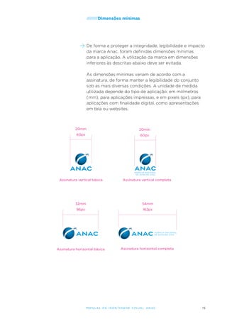 /////////Dimensões

mínimas

De forma a proteger a integridade, legibilidade e impacto
da marca Anac, foram definidas dimensões mínimas
para a aplicação. A utilização da marca em dimensões
inferiores às descritas abaixo deve ser evitada.
As dimensões mínimas variam de acordo com a
assinatura, de forma manter a legibilidade do conjunto
sob as mais diversas condições. A unidade de medida
utilizada depende do tipo de aplicação: em milímetros
(mm), para aplicações impressas, e em pixels (px), para
aplicações com finalidade digital, como apresentações
em tela ou websites.

20mm

20mm

60px

60px

Assinatura vertical básica

Assinatura vertical completa

32mm

54mm

96px

162px

Assinatura horizontal básica

Assinatura horizontal completa

M an u al de I den t idade V is u al A nac

15

 