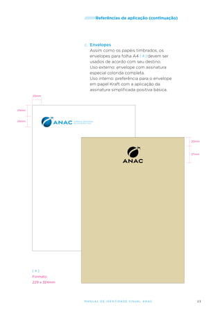 /////////Referências

de aplicação (continuação)

c.	 Envelopes
Assim como os papéis timbrados, os
envelopes para folha A4 [ A ] devem ser
usados de acordo com seu destino.
Uso externo: envelope com assinatura
especial colorida completa.
Uso interno: preferência para o envelope
em papel Kraft com a aplicação da
assinatura simplificada positiva básica.
20mm

25mm

24mm

20mm

37mm

[A]

Formato:
229 x 324mm

M an u al de I den t idade V is u al A nac

23

 