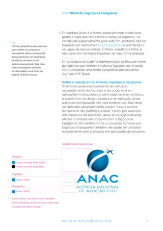 /////////Símbolo,

[1]

Fontes tipográficas são arquivos
que contêm os caracteres
necessários para a composição

logotipo e tipograma

O logotipo Anac é a forma especialmente criada para
grafar a sigla que representa o nome da Agência. Foi
construído especialmente para este fim, portanto não foi
baseado em nenhuma fonte tipográfica1, aumentando o
seu grau de exclusividade. É limpo, assertivo e forte, e
não deve, em nenhuma hipótese, ter sua forma alterada.

digital de textos em programas
de edição de texto ou no
sistema operacional. Veja mais
sobre a tipografia utilizada
na identidade visual Anac na
página 14 deste manual.

O tipograma consiste na representação gráfica do nome
da Agência por extenso (Agência Nacional de Aviação
Civil) utilizando uma fonte tipográfica pré-existente:
Gotham HTF Book.
Sobre a relação entre símbolo, logotipo e tipograma
O símbolo pode eventualmente ser utilizado
separadamente do logotipo e do tipograma em
aplicações institucionais onde o objetivo é ser sintético
e econômico no design da peça a ser aplicada, ainda
que esta configuração não seja preferencial. Não deve
ser aplicado separadamente, porém, caso a autoria
do material não pertença à Anac, como, por exemplo,
em impressos de parceiros, deve-se obrigatoriamente
utilizar o símbolo em conjunto com o logotipo e
tipograma. Da mesma forma, o conjunto formado por
logotipo e tipograma também não pode ser utilizado
isoladamente sem o símbolo em aplicações de terceiros.

Anatomia da marca Anac

Símbolo
Ciano: variável (máx 100%)
Preto: variável (máx 85%)

Logotipo
Ciano: 100%

Tipograma
Ciano: 100%
Ciano e preto são duas cores do padrão
CMYK utilizadas na marca Anac. Saiba mais
na página 16 deste manual.

M an u al de I den t idade V is u al A nac

7

 