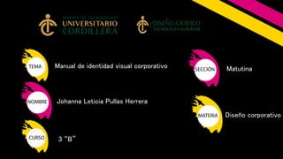 TEMA
NOMBRE
CURSO
SECCIÓN
MATERIA
Manual de identidad visual corporativo
Johanna Leticia Pullas Herrera
3 “B”
Matutina
Diseño corporativo
 