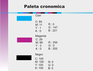 Paleta cronomica
Cian
C: 84
M: 11
Y : 1
K : 0
R : 0
G : 147
B : 221
Magenta
C: 29
M: 99
Y : 3
K : 0
R : 255
G : 0
B : 255
Negro
C: 100
M: 100
Y: 100
K: 100
R: 0
G: 0
B: 0
 