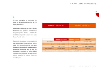 1. MARCA | CORES INSTITUCIONAIS

05

As cores empregadas na identificação do
SAMU 192 são: o vermelho PANTONE 186 e o
laranja PANTONE 717.

LARANJA | PANTONE 717

VERMELHO | PANTONE 186

A fidelidade na reprodução das cores é um item
fundamental para garantir a consistência da
Imagem Corporativa. Verifique a fidelidade das
tonalidades comparando-as sempre com a escala
Pantone Formula Guide.
VERMELHO INSTITUCIONAL

Dependendo da peça a ser confeccionada e da
sua natureza (papel, cartão, película adesiva,
metal, etc.), outras referências de cores serão
necessárias. Caso não exista uma especificação
estabelecida, a conversão deve ser feita por
aproximação, tomando-se a escala Pantone

LARANJA INSTITUCIONAL

APLICAÇÕES

186

717

Impressões Gráficas

M 100 Y 100 K 10

M 60 Y 100

Impressões Gráficas /Policromia

R 194 G 13 B 47

R 221 G 141 B 12

TV / Vídeo / Multimídias

Películas Refletivas

Vermelho 480-72

Laranja 480-14

Sinalização

Tintas Automotivas

Vermelho Sunburst 84 FORD

Laranja Nepal 72 FORD

Frota de Veículos

Escala Pantone
CMYK
RGB

como base para comparação. Na tabela ao lado
estão as referências dos materiais usados com
maior freqüência.

S A M U

1 9 2

|

M A N U A L

D E

I D E N T I D A D E

V I S U A L

 
