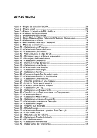 x
LISTA DE FIGURAS
Figura 1 – Página de acesso do SIGMA. ..................................................................23
Figura 2 – Página inicial. ...........................................................................................24
Figura 3 – Página do Módulos de Mão de Obra........................................................24
Figura 4 – Cadastro de Departamento......................................................................25
Figura 5 – Departamento cadastrado........................................................................26
Figura 6 – Horas Máquinas/Mês e Faturamento/Custo de Manutenção ...................27
Figura 7 – Cadastrando um Setor. ............................................................................28
Figura 8 – Descrevendo Setor e sua Descrição........................................................29
Figura 9 – Metas da Manutenção..............................................................................30
Figura 10 – Cadastrando um Processo.....................................................................31
Figura 11 – Cadastrando Centro de Custos..............................................................33
Figura 12 – Cadastrando um Sintoma.......................................................................34
Figura 13 - Área Executante e o tipo de OS..............................................................35
Figura 14 – Mensagem para o sintoma e responsável..............................................35
Figura 15 – Mensagem de Procedimentos................................................................35
Figura 16 – Cadastrando um Defeito. .......................................................................36
Figura 17 – Definindo Tempo de Solução. ................................................................37
Figura 18 – Cadastrando uma Causa. ......................................................................37
Figura 19 – Cadastrando uma Solução.....................................................................38
Figura 20 – Cadastrando Intervenção.......................................................................39
Figura 21 – Cadastrando Família..............................................................................40
Figura 22 – Equipamentos da Família selecionada...................................................41
Figura 23 – Cadastrando Família do tipo Máquina....................................................42
Figura 23 – Cadastrando uma Maquina....................................................................42
Figura 24 – Incluindo Sintoma em uma máquina ......................................................43
Figura 25 – Incluindo Peças a uma Máquina ............................................................44
Figura 26 – Cadastro Visual de uma Máquina ..........................................................45
Figura 27 – Cadastrando um Tag..............................................................................46
Figura 28 – Cadastrando um Equipamento...............................................................47
Figura 29 – Transferindo um Equipamento de um Tag para outro............................48
Figura 30 – Cadastrando Peças................................................................................49
Figura 31 – Cadastrando Mão de Obras...................................................................52
Figura 32 – Cadastrando uma Área Executante .......................................................53
Figura 33 – Cadastrando uma Área de Execução.....................................................54
Figura 34 – Cadastrando Origem..............................................................................54
Figura 35 – Origem e sua descrição. ........................................................................55
Figura 36 – Módulo Função.......................................................................................56
Figura 37 – Cadastrando Função e Ligando a Área Execução.................................57
Figura 38 – Custo médio hora...................................................................................58
Figura 39 – Módulo Escala de Trabalho....................................................................59
Figura 40 – Cadastrando Escala de trabalho ............................................................60
Figura 41 – Módulo Ferramentas ..............................................................................61
Figura 42 – Cadastrando Ferramentas .....................................................................61
Figura 43 – Dados Gerais de Ferramentas ...............................................................62
 