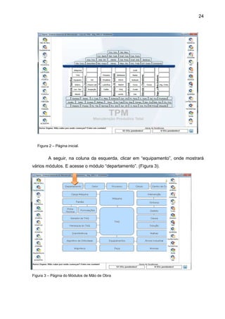 24
Figura 2 – Página inicial.
A seguir, na coluna da esquerda, clicar em “equipamento”, onde mostrará
vários módulos. E acesse o módulo “departamento”. (Figura 3).
Figura 3 – Página do Módulos de Mão de Obra
 