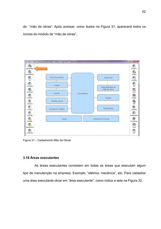 52
de “mão de obras”. Após acessar, como ilustra na Figura 31, aparecerá todos os
ícones do módulo de “mão de obras”.
Figura 31 – Cadastrando Mão de Obras
3.18 Áreas executantes
As áreas executantes consistem em todas as áreas que executam algum
tipo de manutenção na empresa. Exemplo: “elétrica, mecânica”, etc. Para cadastrar
uma área executante clicar em “área executante”, como indica a seta na Figura 32.
 