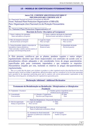 Serviço de Importação e Exportação – Siex
Manual de Procedimentos Operacionais para Importação e Exportação na Fiocruz
47
Anexo VII - CERTIFICADO FITOSSANITÁRIO Nº
PHYTOSANITARY CERTIFICATE Nº
De: Organização Nacional de Proteção Fitossanitária do BRASIL
From: National Plant Protection Organization of BRAZIL
Para: Organização (ões) Nacional (is) de Proteção Fitossanitária
de_________________________________
To: National Plant Protection Organization(s) of
Descrição do Envio / Description of Consignment
1. Nome e endereço do exportador
Name and address of exporter
2. Nome e endereço declarado do importador
Declared name and address of importer
3. Meio de transporte declarado
Declared means of transport
4. Lugar de origem
Place of origin
5. Ponto de entrada
Place of entry
6. Nome do produto, número e descrição da
mercadoria e marcas distintivas.
Name of product, number and description of
packages and distinguishing marks
7. Nome botânico
Botanical name
8. Quantidade declarada
Declared quantity
9. Pelo presente, certifica-se que as plantas, produtos vegetais e outros artigos
regulamentados descritos aqui foram inspecionados e/ou analisados de acordo com os
procedimentos oficiais adequados e são considerados livres de pragas quarentenárias
especificadas pela parte contratante importadora e que cumprem os requisitos
fitossanitários exigidos por esta, incluindo os relativos às pragas não-quarentenárias
regulamentadas.
This is to certify that the plants, part of plants or products or other regulated articles described herein have been
inspected and/or tested according to appropriate official procedures and are considered to be free from quarantine
pests specified by the importing contracting party and to conform with current phytosanitary requirements of the
importing contracting party, including those for regulated non-quarantine pests.
Declaração Adicional / Additional Declaration
Tratamento de Desinfestação ou Desinfecção / Disinfestations or Disinfection
Treatment
10. Tratamento / Treatment 11. Produto químico (ingrediente ativo)
Chemical (active ingredient)
12. Concentração
Concentration
13. Duração e Temperatura
Duration and Temperature
14. Data
Date
Dados dos Responsáveis / Responsible Information
15. Selo da organização
Stamp of organization
16. Lugar de expedição
Place of issue
17. Data
Date
18. Nome do oficial autorizado
Name of authorized certification official
19. Assinatura do oficial autorizado
Signature of authorized certification
official
20. Nº de registro
Number of register
15 - MODELO DE CERTIFICADO FITOSSANITÁRIO
 