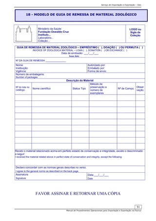 Serviço de Importação e Exportação – Siex
Manual de Procedimentos Operacionais para Importação e Exportação na Fiocruz
51
Ministério da Saúde
Fundação Oswaldo Cruz
Instituto...
Laboratório...
Coleção...
LOGO ou
Sigla da
Coleção
GUIA DE REMESSA DE MATERIAL ZOOLÓGICO – EMPRÉSTIMO ( ), DOAÇÃO ( ) OU PERMUTA ( )
INVOICE OF ZOOLOGICA MATERIAL – LOAN ( ), DONATION ( ) OR EXCHANGE ( )
Data de emitissão: ___/___/___
Issue date
Nº DA GUIA DE REMESSA ______________
Nome:
Instituição:
Vigência
Autorizado por:
Embalado por:
Forma de envio:
Número de embalagens:
Number of packages
Descrição do Material
Nº do lote no
catálogo
Nome científico Status Tipo
Método de
preservação e
número de
exemplares
Nº de Campo
Obser
vação
Recebi o material relacionado acima em perfeito estado de conservação e integridade, exceto o descriminado
a seguir:
I received the material related above in perfect state of conservation and integrity, except the following:
Declaro concordar com as normas gerais descritas no verso.
I agree to the general norms as described on the back page.
Assinatura
Signature
Data:___/___/___
Date
FAVOR ASSINAR E RETORNAR UMA CÓPIA
18 - MODELO DE GUIA DE REMESSA DE MATERIAL ZOOLÓGICO
 