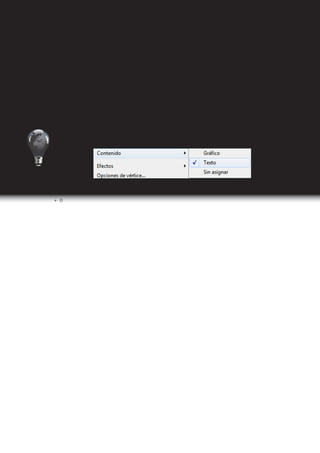 I Ciclo   Técnico en Diseño Gráfico




      Convertir objetos a marco de textos
          Permite que cualquier objeto cerrado se convierta en un marco
       de texto. Para convertir objetos a marco de texto realizamos el
       siguiente procedimiento:

           1. Seleccionar el objeto.

           2. Seleccionar el menú Objeto.

           3. Seleccionamos Contenido.

           4. Seleccionar la opción texto.
                                                            El




                                 transmitidas al cerebro, ese
                              nes electromagnéticas, de un
                            ojos que captan esas radiacio-
                           sin la intervención de nuestros
                                          sensaciones, sen-




                             embargo... no existe más allá




                               cierto rango, que luego son
                                       timientos, transmite

                                  códigos universales, nos




                          absorbidas por la superficie de
                                              nos produce




                           de nuestra percepción visual.
                              de ánimo, situaciones y sin
                                    mensajes a través de




                          un objeto, pero por otro lado
                                                     color




                                expresa valores, estados



                           Por definición, el color es el

                          de onda que son reflejadas o
                          producto de las longitudes




                                   color no existiría.




                                       El                                   color
                                 nos produce                           sensaciones,
                              sentimientos, transmite              mensajes a través de
                            códigos universales, nos             expresa valores, estados de
                           ánimo, situaciones y sin embargo... no existe más allá de nuestra
                           percepción visual.

                              Por definición, el color es el producto de las longitudes de
                                 onda que son reflejadas o absorbidas por la superficie
                                    de un objeto, pero por otro lado sin la interven-
                                       ción de nuestros ojos que captan esas
                                           radiaciones electromagnéticas, de
                                             un cierto rango, que luego
                                               son transmitidas al
                                                  cerebro, ese color
                                                   no




100                                                    Programa de Diseño, Publicidad y Extensión
 