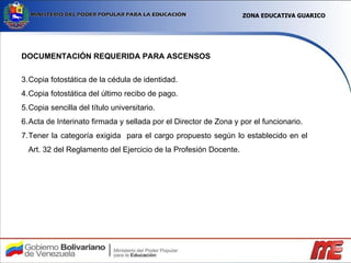 DOCUMENTACIÓN REQUERIDA PARA ASCENSOS Copia fotostática de la cédula de identidad. Copia fotostática del último recibo de pago. Copia sencilla del título universitario. Acta de Interinato firmada y sellada por el Director de Zona y por el funcionario. Tener la categoría exigida  para el cargo propuesto según lo establecido en el Art. 32 del Reglamento del Ejercicio de la Profesión Docente. ZONA EDUCATIVA GUARICO 